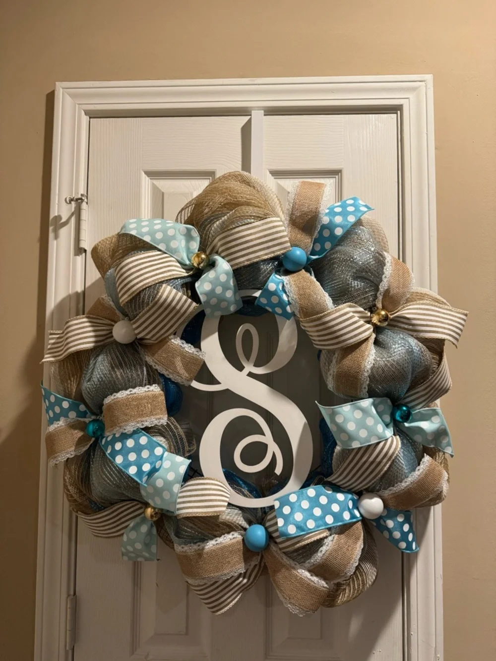 Handcrafted Burlap and Blue Polka Dot Holiday Wreath - Turquoise & Natural